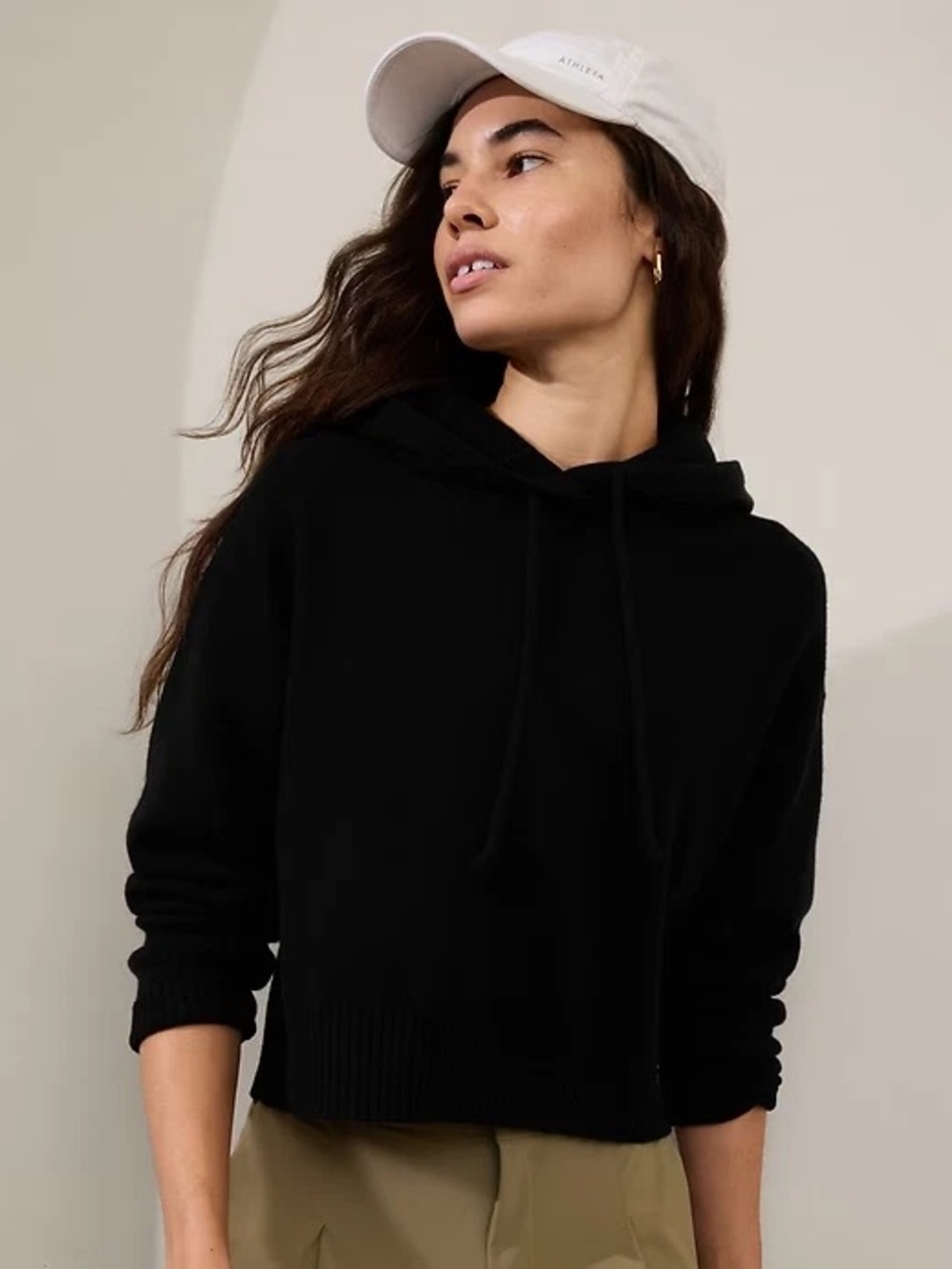 Athleta Alpine Black Cropped Hoodie Pullover Wool Cashmere Capsule Fall
